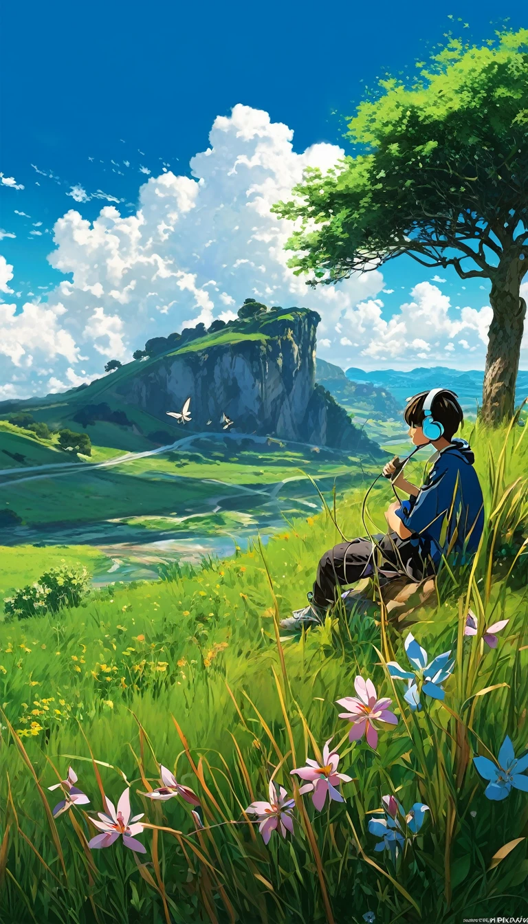 a boy sitting under a tree near a cliff in a meadow , seeing a vast blue sky with fluffy clouds and brush strokes , tall grasses stones, , makoto shinkai cyril rolando, anime art wallpaper 4k, anime art wallpaper 4k, animated background, anime art wallpaper 8K, animated background art, Anime Landscape Wallpaper, amazing wallpaper, HD wallpaper, 4k anime wallpaper, 4k anime wallpaper, Aries Moross art,art by Bob Byerley , AshleyWoodArtAI, greg rutkowski, flower, very colourful, flower velly, rabbit near the boy,boy listening music using by headphone