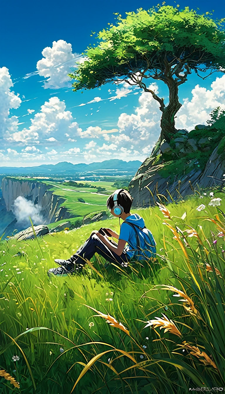 a boy sitting under a tree near a cliff in a meadow , seeing a vast blue sky with fluffy clouds and brush strokes , tall grasses stones, , makoto shinkai cyril rolando, anime art wallpaper 4k, anime art wallpaper 4k, animated background, anime art wallpaper 8K, animated background art, Anime Landscape Wallpaper, amazing wallpaper, HD wallpaper, 4k anime wallpaper, 4k anime wallpaper, Aries Moross art,art by Bob Byerley , AshleyWoodArtAI, greg rutkowski, flower, very colourful, flower velly, rabbit near the boy,boy listening music using by headphone