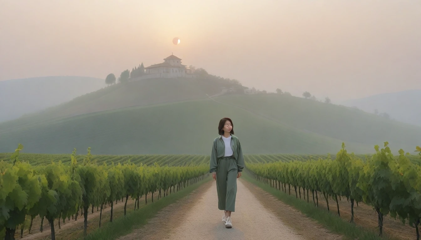 8k realistic, lifelike photo,, 36 year old Korean woman, Short in stature, pretty like a model. High-end luxury brand windbreaker, casual pants, short medium hair, Smiley, Italy. vineyard, thick dawn fog. vineyard 멀리 짙은 안개 속으로 성당이 보인다. 1 woman, Short in stature, Excellent picture quality, The morning fog is thick, The picture quality is alive. 옆면 look up, sunrise red light, A monastery can be seen in the distance, . Smiley, wide angle lens shot, look up, walking from afar, walking on a narrow path,