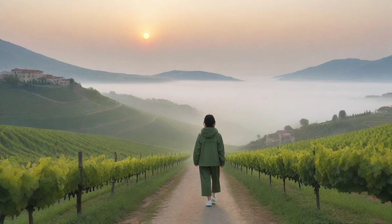 8k realistic, lifelike photo,, 36 year old Korean woman, Short in stature, pretty like a model. High-end luxury brand windbreaker, casual pants, short medium hair, Smiley, Italy. vineyard, thick dawn fog. vineyard 멀리 짙은 안개 속으로 성당이 보인다. 1 woman, Short in stature, Excellent picture quality, The morning fog is thick, The picture quality is alive. 옆면 look up, sunrise red light, A monastery can be seen in the distance, . Smiley, wide angle lens shot, look up, walking from afar, walking on a narrow path,