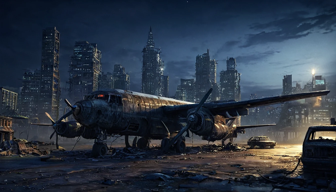 plane night city post apocalyptic