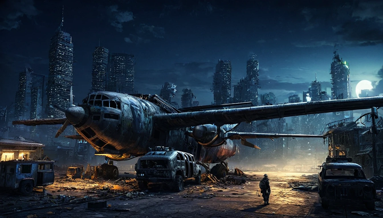 plane night city post apocalyptic