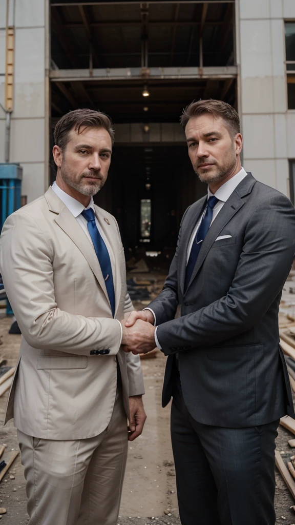 2 white men. age around 45-50 years. one with little beard other without beard. In suits with ties. looking directly at camera. shaking hands. not standing too close. only top of the body. with construction helmet. at construction site. with big pipes at background.