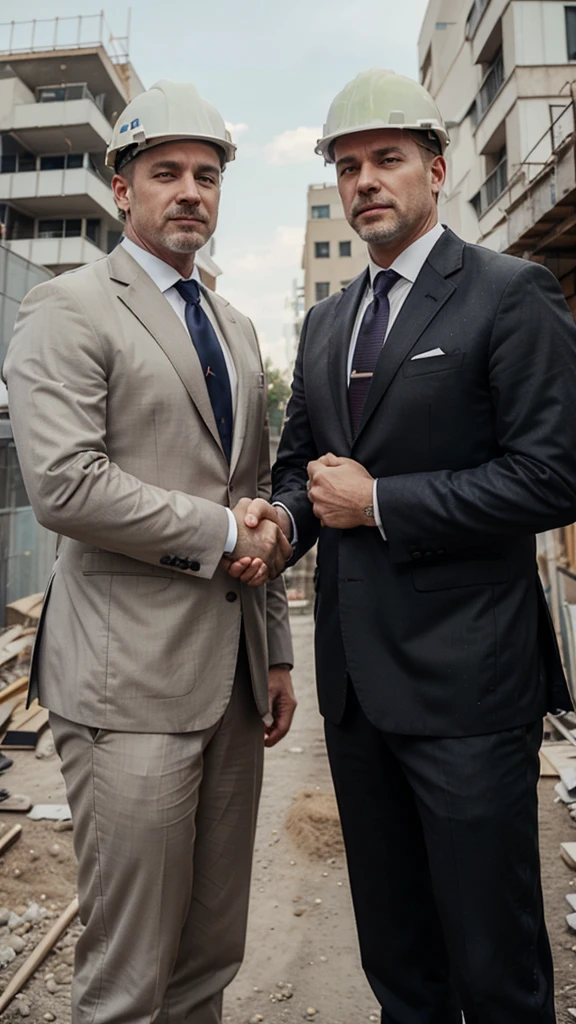 2 white men. age around 45-50 years. one with little beard other without beard. In suits with ties. looking directly at camera. shaking hands. not standing too close. only top of the body. with construction helmet. at construction site. with big pipes at background.