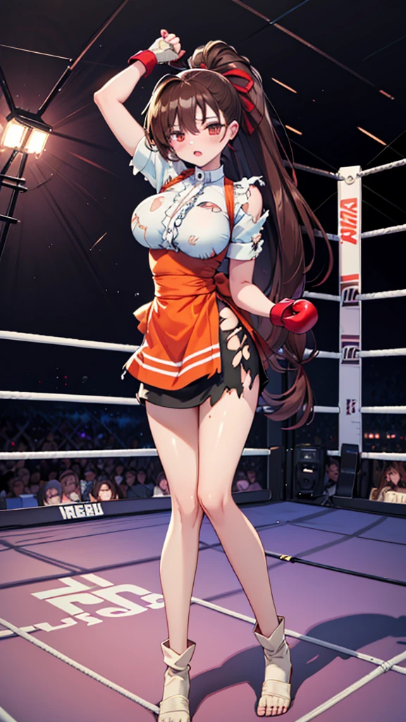 Highest quality，masterpiece，lean back，sleep，(レスリングのリングにlean back, WWE Divas，Wrestling Arena，Wrestling ring background, Boxing ring background), Facing forward, Lack of stamina, Ryona, Hitting a girl, death is near，タケユカ 超ロングヘア ヘアribbon, Frilled shirt, Underbust, ribbon, Fingerless gloves, White gloves, Waist apron, Orange Skirt, socks, Toeless legwear，winner, Nice, winner, (Moaning , Open your mouth), ((, Facing forward, lean back，Torn clothes，Torn clothes，　Tattered clothes，sleep, lose consciousness, Unconscious, )), , ( Tilt your head),
