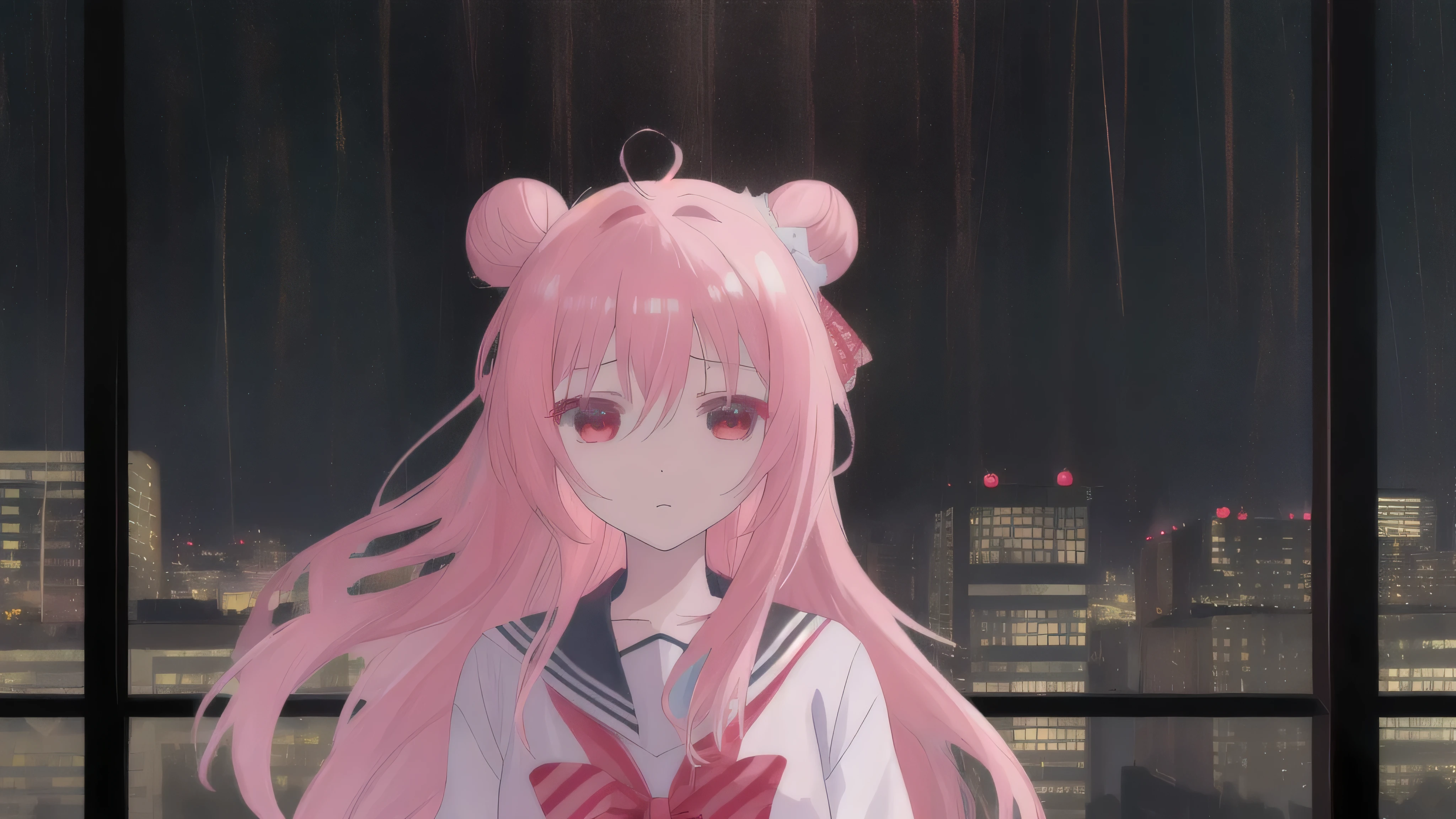 masterpiece, best quality, city background, rainy, 1girl, solo, upper body, bow, serafuku, satou, emotionless, expressionless, anime wallpaper 4k, detailed background, detailed hair