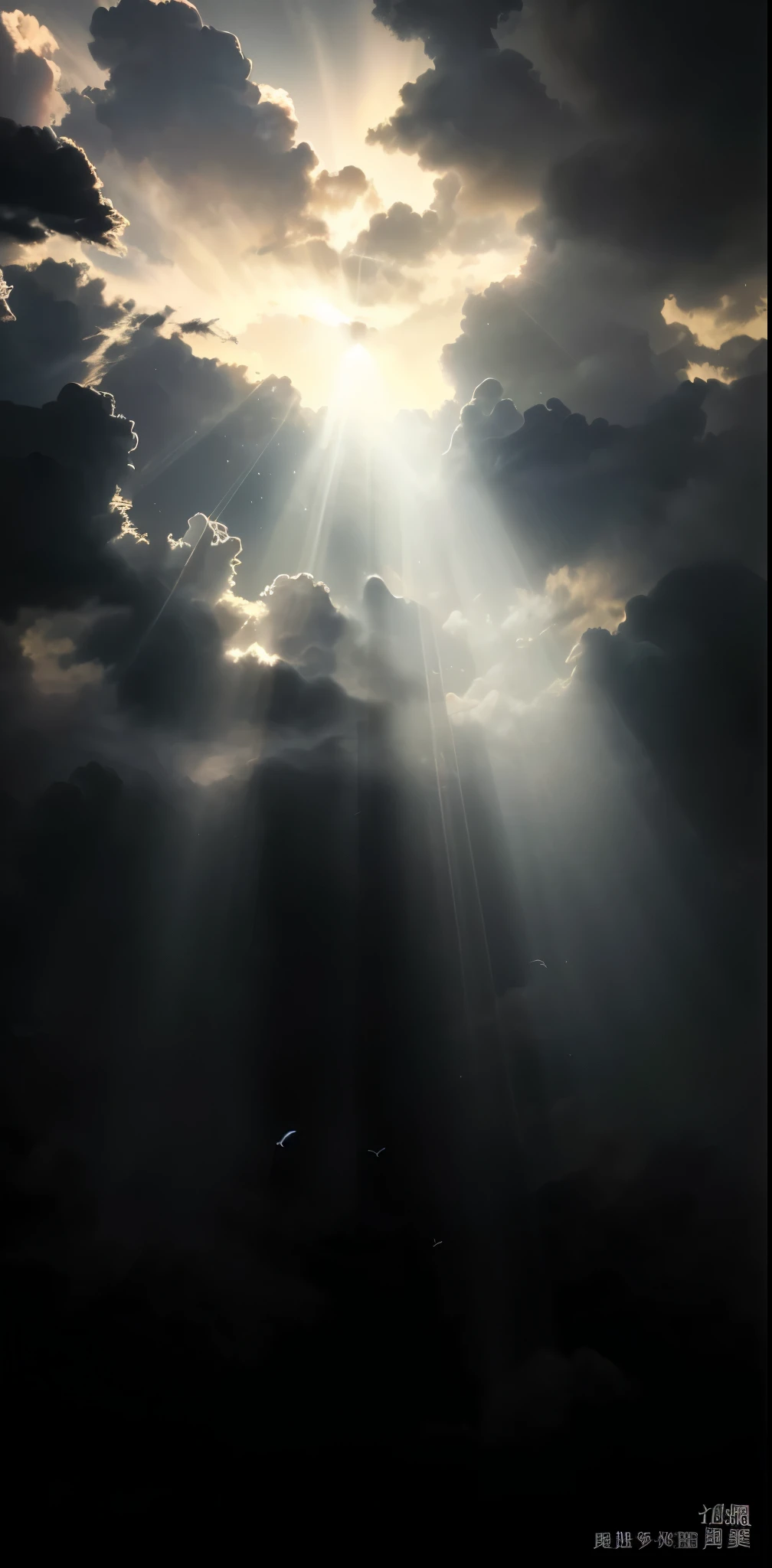 A beam of sunlight in the sky with birds flying in the background, Light from above, Heavenly dramatic lighting, Light of God从天而降, Divine light shining through the clouds, Light Column, Beams of light in the sky, Light of God, Theatrical lighting with divine brilliance, Divine Light, Light Arrow