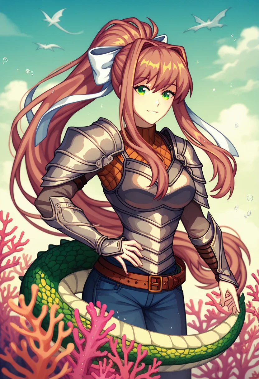 (masterpiece, best quality:1.2)((coral brown hair))((emerald green eyes)),solo,1girl,monika(doki doki literature club),(yellowish white dragon horns),(tilted horns),(green_dragon_tail),hair_between_eyes, casual_clothing, ((armor))