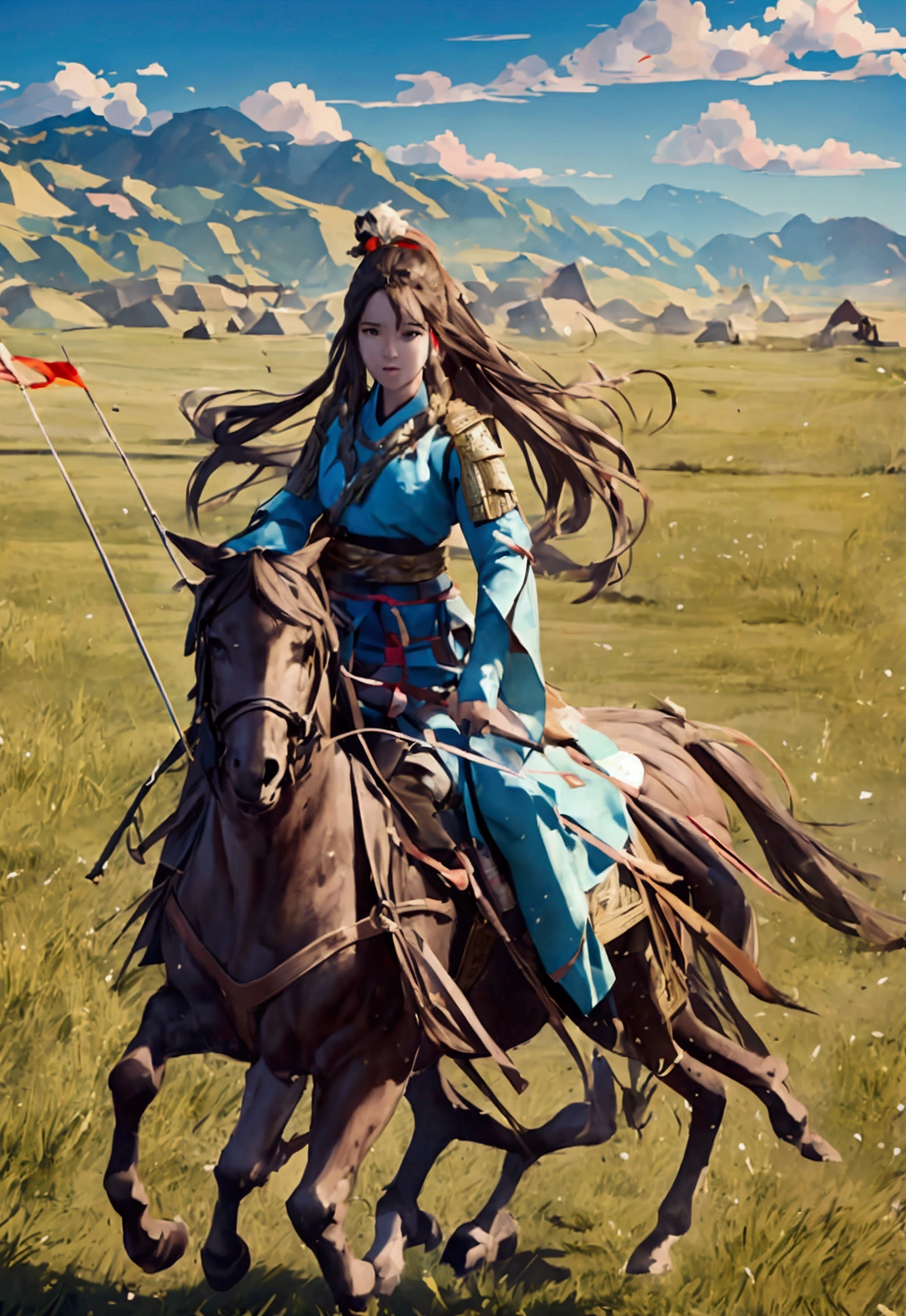 Make a girl on a horse while shooting arrow in grasslands with hair fluttering
