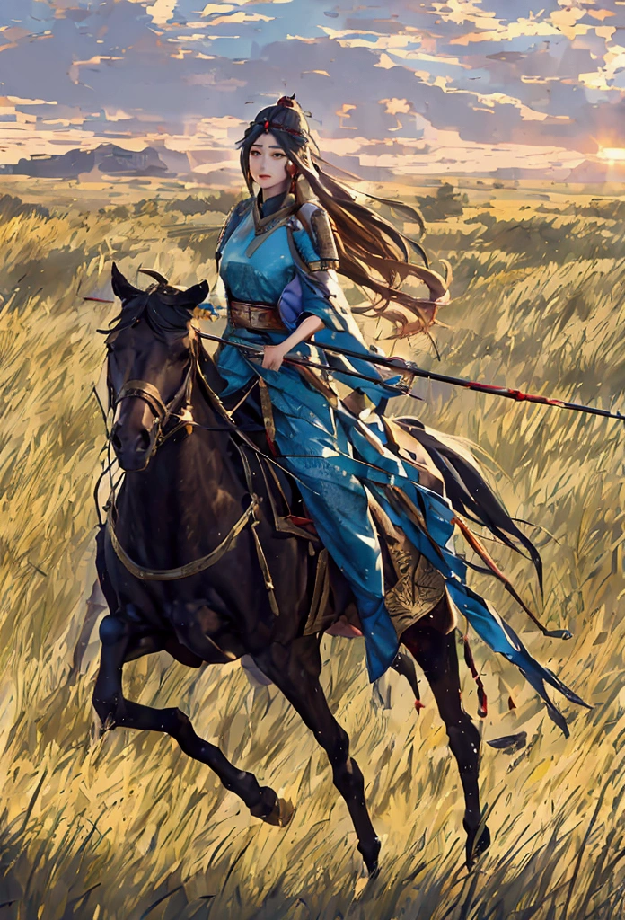 Make a girl on a horse while shooting arrow in grasslands with hair fluttering 