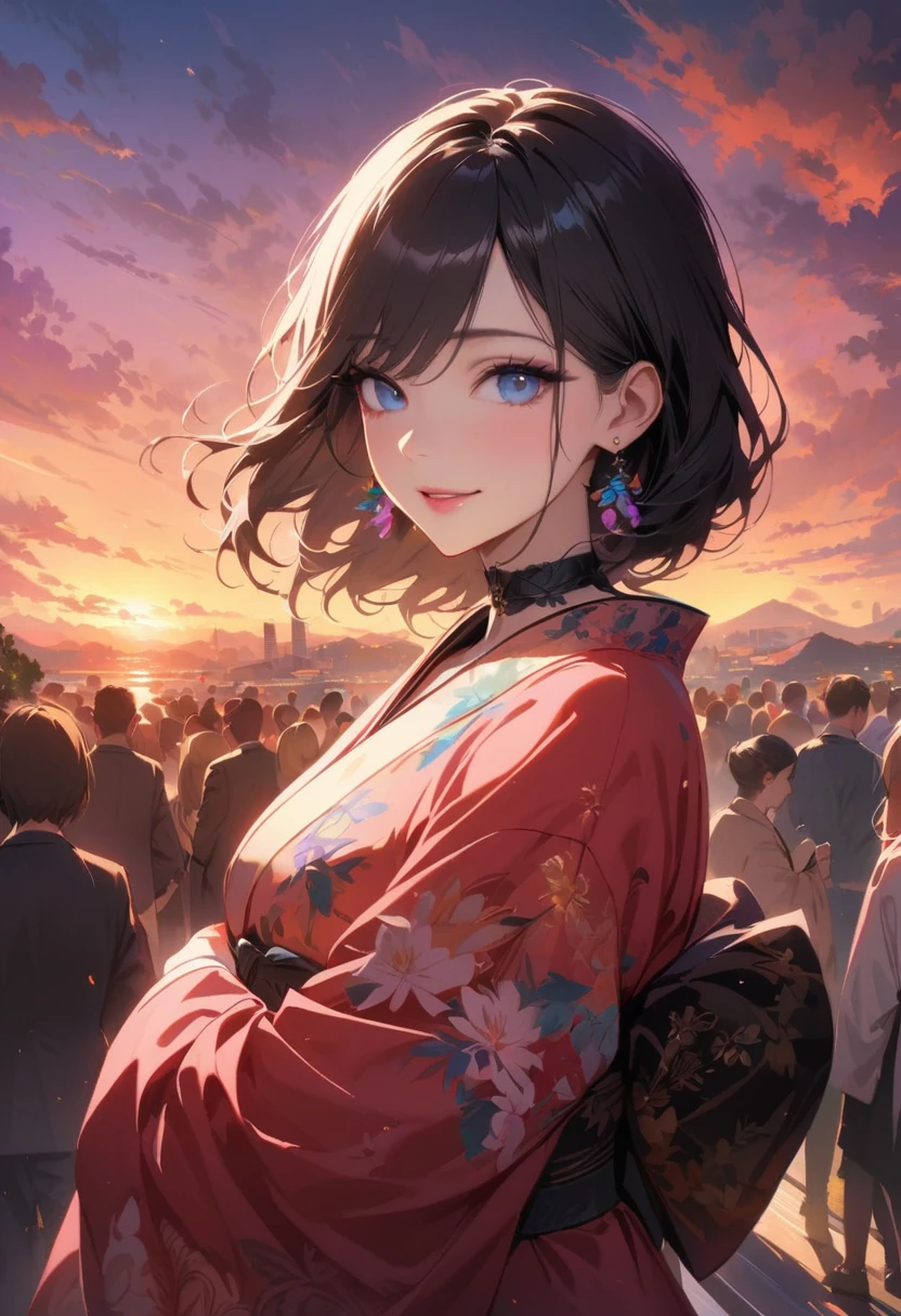 A beautiful woman in a night neon city, wearing an orange kimono with exquisite details, looking at the viewer with a joyful smile, blue eyes, bob hairstyle, earrings, and collar, masterpiece, highest quality, ultra-detailed, photorealistic, 8k, HDR, vivid colors, dramatic lighting