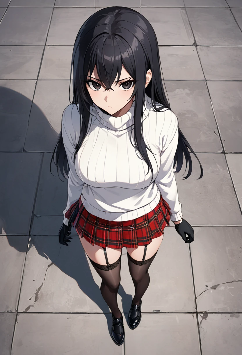 red checkered miniskirt , Black Shoes , pleated skirt , assassin , whole body , White sweater , Black gloves , stockings , garter belt , black hair , black eyes , straight hair , thighs , whole body , standing posture , View from above