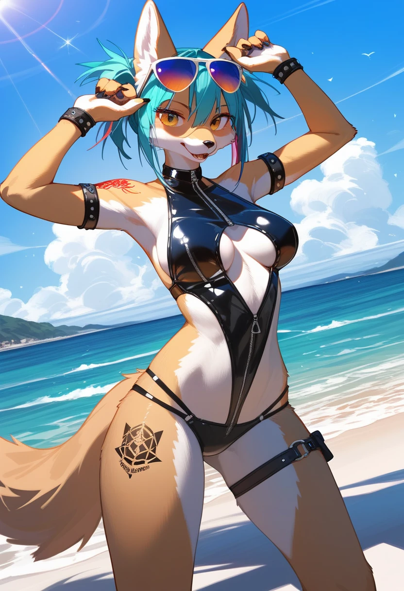 Highest quality, Highest quality, High quality illustrations, masterpiece, Ultra-high resolution, Detailed Background, beach, Absurd, Perfect Anatomy, performance, Good lighting, Shadows in the movies(kemono, Furry Personifi猫ion), latex, neon, neonカラー, cyber punk, Swimwear, sunglasses, Tattoo, Dynamic Angle