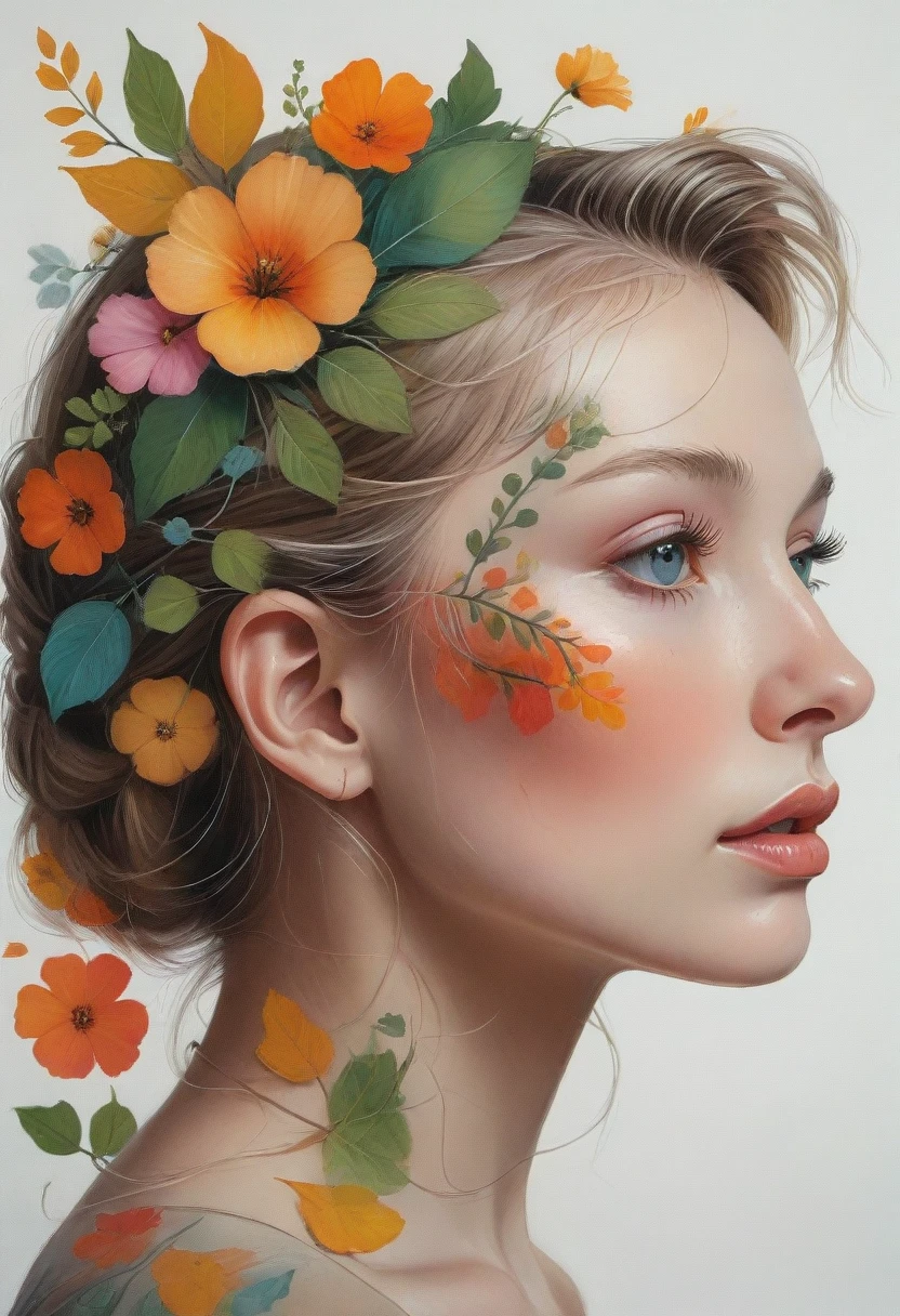 an infgraphic illustration of a human head seen from the side, with the cortex visible through a translucent skull, rich detail, floral brain, vegetation, leave and blossoms, anatomy, vibrant, acrylc painting, wide brush strokes, colorful, (miyazaki style:1.27), colourful, autumn colors. positive vibes. (erin hansen style:1.2),((bw:-1.5), fair skin:1.3, gray face:-1.5, hole in face:-2, art deco style:1.5,extreme detail, moss, roots,vine,lillies, rose petals, spring ornaments, (cute:-1.0)