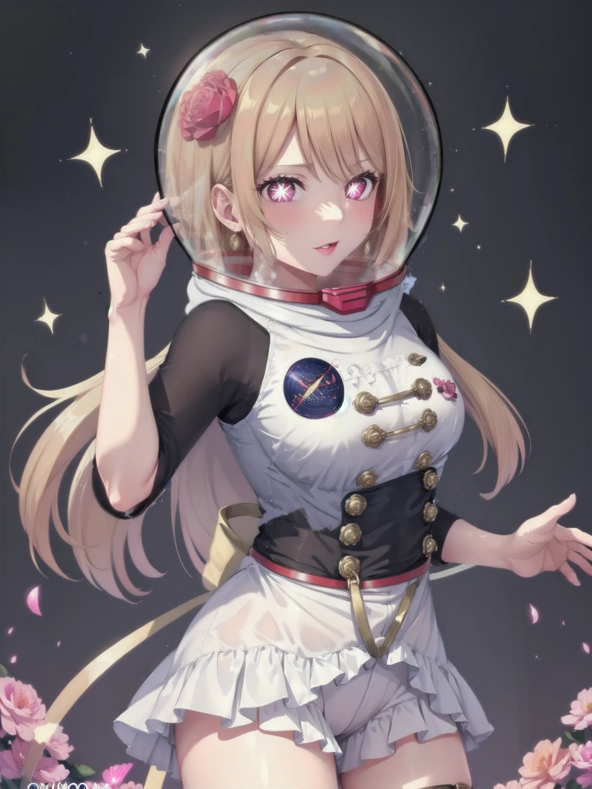 1girll, Solo, Best quality, Masterpiece , Ruby Hoshino, hair adornments, sparkle eyes, Stars on the eyes, (The star on the right eye:1), (dress:1.4), (Concert 1), be on stage,,space helmet, bubble helmet (Princess dress with too many decorations、Dressing clothes、jewels、Decoration has been removed、Flowers、Lace decoration、bright stage,ruby hoshino, long hair, bangs, blonde hair, (pink eyes:1.3), sidelocks, (symbol-shaped pupils:1.5), multicolored hair, two-tone hair,