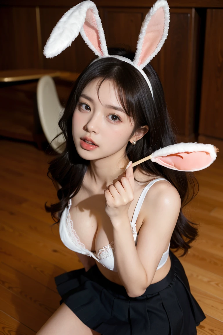 ulzzang-6500-v1.1, (RAW Photos:1.2), (Realistic:1.4), Beautiful detailed girl, Very detailed eyes and face, Beautiful and fine details, Ridiculous, Incredibly ridiculous, Huge file sizes, Very detailed, High resolution, Very detailed, Highest quality, Tabletop, One girl, , ((Very detailed)), ((Dynamic pose))), (Camel Toe), (Open your mouth)),((Drooping eyes)),((round face)),((curl inside hair)), (Look away:1.1),Close-up of face,(((黒いplayboy bunny)))、Upper Body、Black Costume、Has bangs、((Slender))、Slim body、((Look down)、((Eyes Wide Open))、(((Angle from below))、(D cup milk))、((Gorgeous Bra))、skirt、Eyes Wide Open、((((Surprised))))、Be surprised、Scream、Open your mouth、pain、Close ~ eyes、((Lift your skirt yourself))),