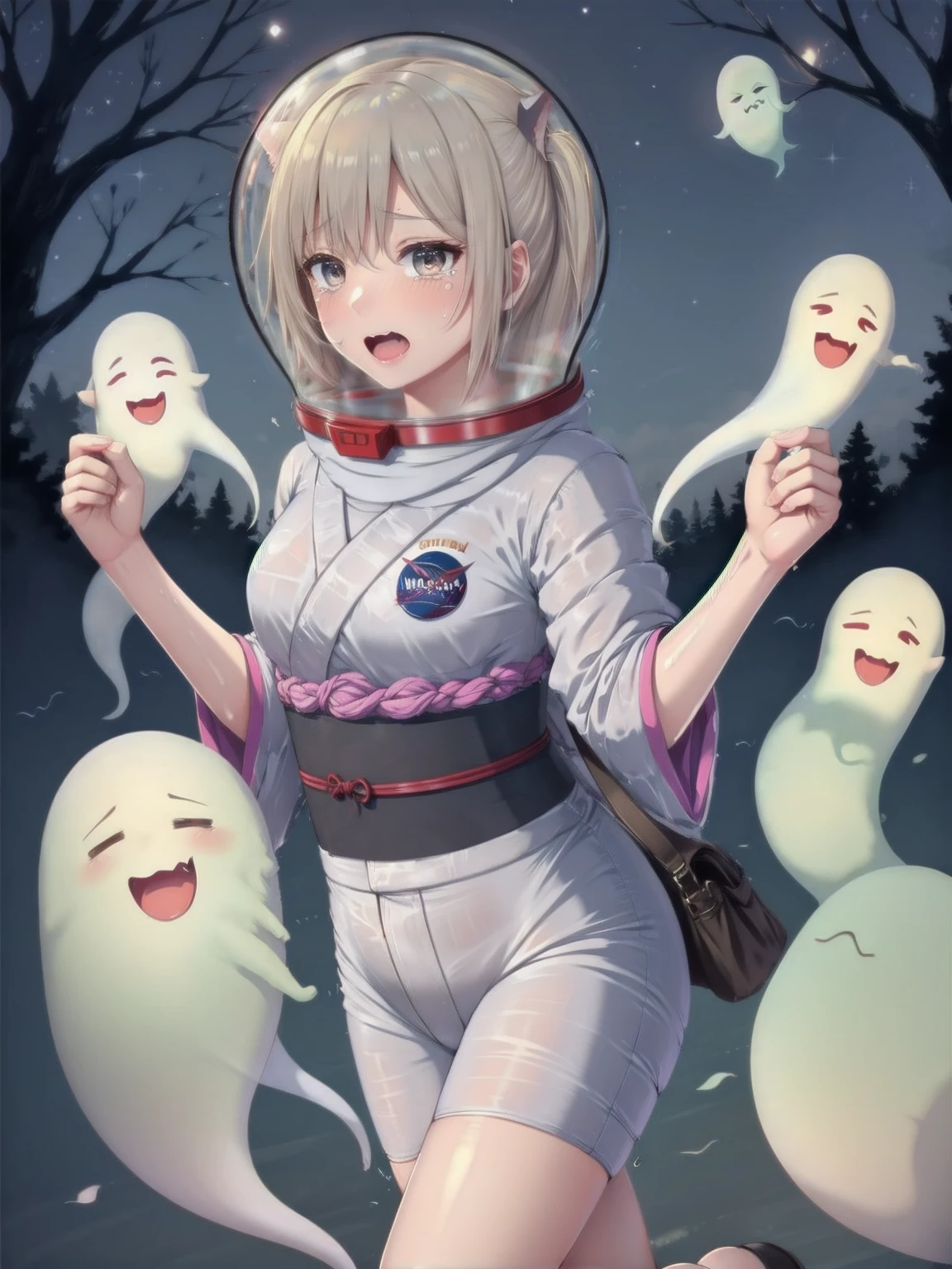 {{masterpiece:1.2, best quality:1.3,masterpiece, extremely fine and beautiful:1.5,highly detailed:1.5}},1 cute girl,cute face,crying,surprised expression,embarrassed,open mouth,ponytail,from front,cloud,night,moon,cemetery,cat ears,horror,abstract,magical abstraction,masterpiece, extremely fine and beautiful,masterpiece,highly detailed,japanese,yukata,Running away at a dash,fang,((Ghost:1.5)),Eyes closed,With hands up,y,,space helmet, bubble helmet (