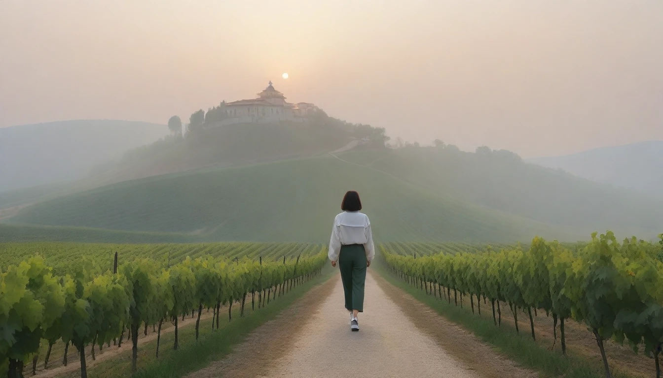 8k realistic, lifelike photo,, 36 year old Korean woman, Short in stature, pretty like a model. High-end luxury brand windbreaker, casual pants, short medium hair, Smiley, Italy. vineyard, thick dawn fog. vineyard 멀리 짙은 안개 속으로 성당이 보인다. 1 woman, Short in stature, Excellent picture quality, The morning fog is thick, The picture quality is alive. 옆면 look up, sunrise red light, A monastery can be seen in the distance, . Smiley, wide angle lens shot, look up, walking from afar, walking on a narrow path