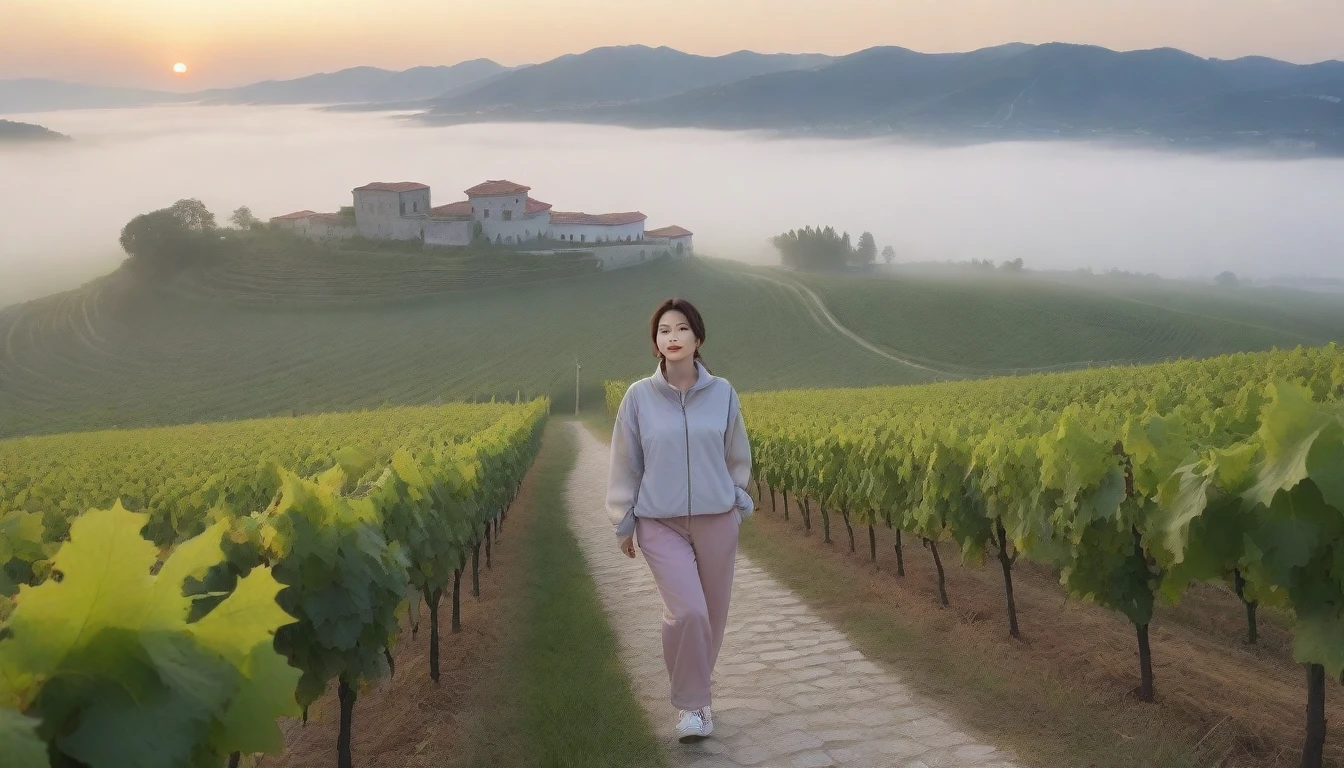 8k realistic, lifelike photo,, 36 year old Korean woman, Short in stature, pretty like a model. High-end luxury brand windbreaker, casual pants, short medium hair, Smiley, Italy. vineyard, thick dawn fog. vineyard 멀리 짙은 안개 속으로 성당이 보인다. 1 woman, Short in stature, Excellent picture quality, The morning fog is thick, The picture quality is alive. 옆면 look up, sunrise red light, A monastery can be seen in the distance, . Smiley, wide angle lens shot, look up, walking from afar, walking on a narrow path