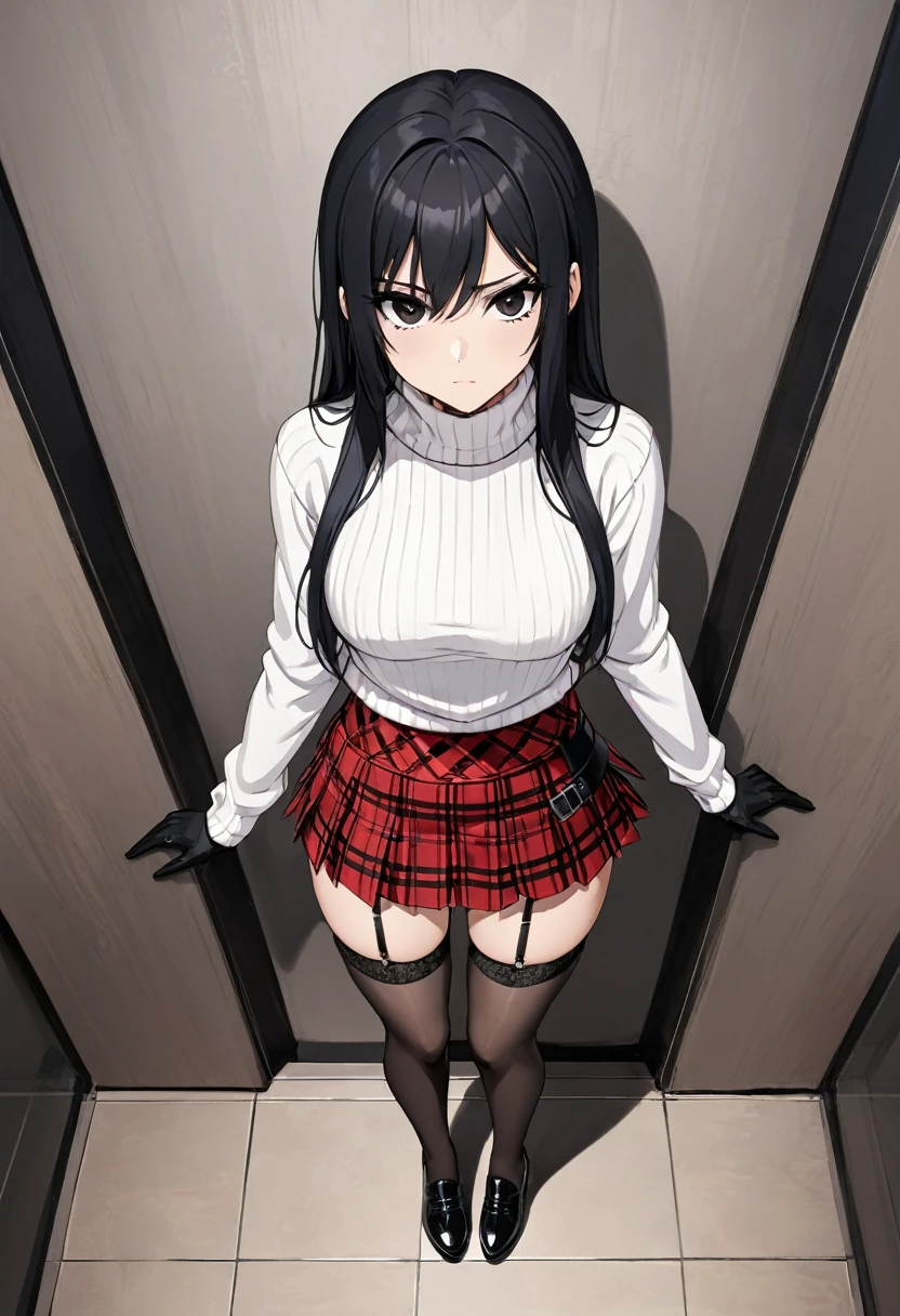 red checkered miniskirt , Black Shoes , pleated skirt , assassin , whole body , White sweater , Black gloves , stockings , garter belt , black hair , black eyes , straight hair , thighs , whole body , standing posture , View from above