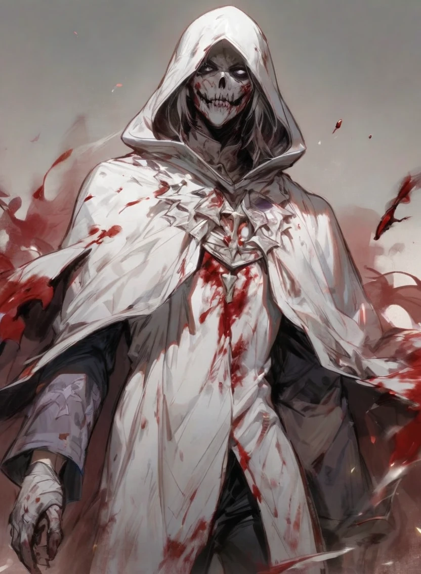male warlock dnd, undead body, wearing a bloodstained white hood cloak with a blood