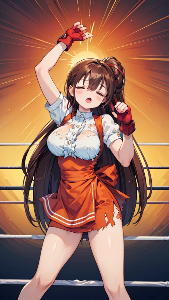 Highest quality，masterpiece，lean back，sleep，(レスリングのリングにlean back, WWE Divas，Wrestling Arena，Wrestling ring background, Boxing ring background), Facing forward, Lack of stamina, Ryona, Hitting a girl, death is near，タケユカ 超ロングヘア ヘアribbon, Frilled shirt, Underbust, ribbon, Fingerless gloves, White gloves, Waist apron, Orange Skirt, socks, Toeless legwear，winner, Nice, winner, (Moaning , Open your mouth), ((, Facing forward, Crucifixion，lean back，Torn clothes，Torn clothes，　Tattered clothes，sleep, lose consciousness, Unconscious, )), , ( Tilt your head),
