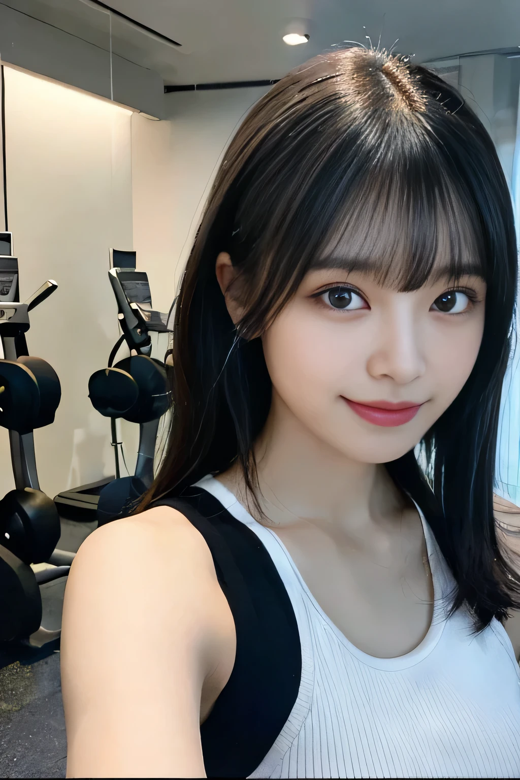 ((realistic lighting, highest quality, 8K, masterpiece, medium shot: 1.3)), clear focus: 1.2, 1 girl, perfect figure: 1.4, ((black hair)),((With bangs)),Wearing delicate white skinny yoga pants and a charcoal gray sports bra, in the gym changing room, sitting on a chair,white ankle-length socks,white sneakers,super fine face, fine eyes, double eyelid, legs slightly open,He has a black smartphone in his left hand.,Taking a selfie with his arm outstretched holding his smartphone,Your face is hidden by your smartphone,right hand is on the floor, bang, black hair