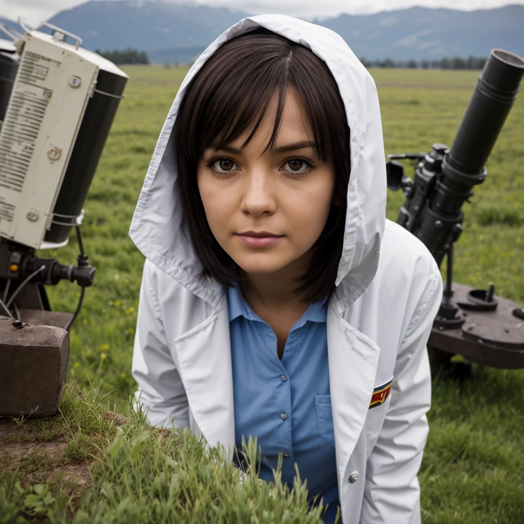 Science fiction,Filmes de Science fiction,artillery,Long-range missiles,Based on the film Foundation ,Woman,grown-up,protagonist,28 years old,hopeful face,eyes browns,Little Short Hairstyle,black hair with white gray,scientist uniform,white research coat,open meadow,rebellious,Chaotic,future world,world of socialism,neve,haos