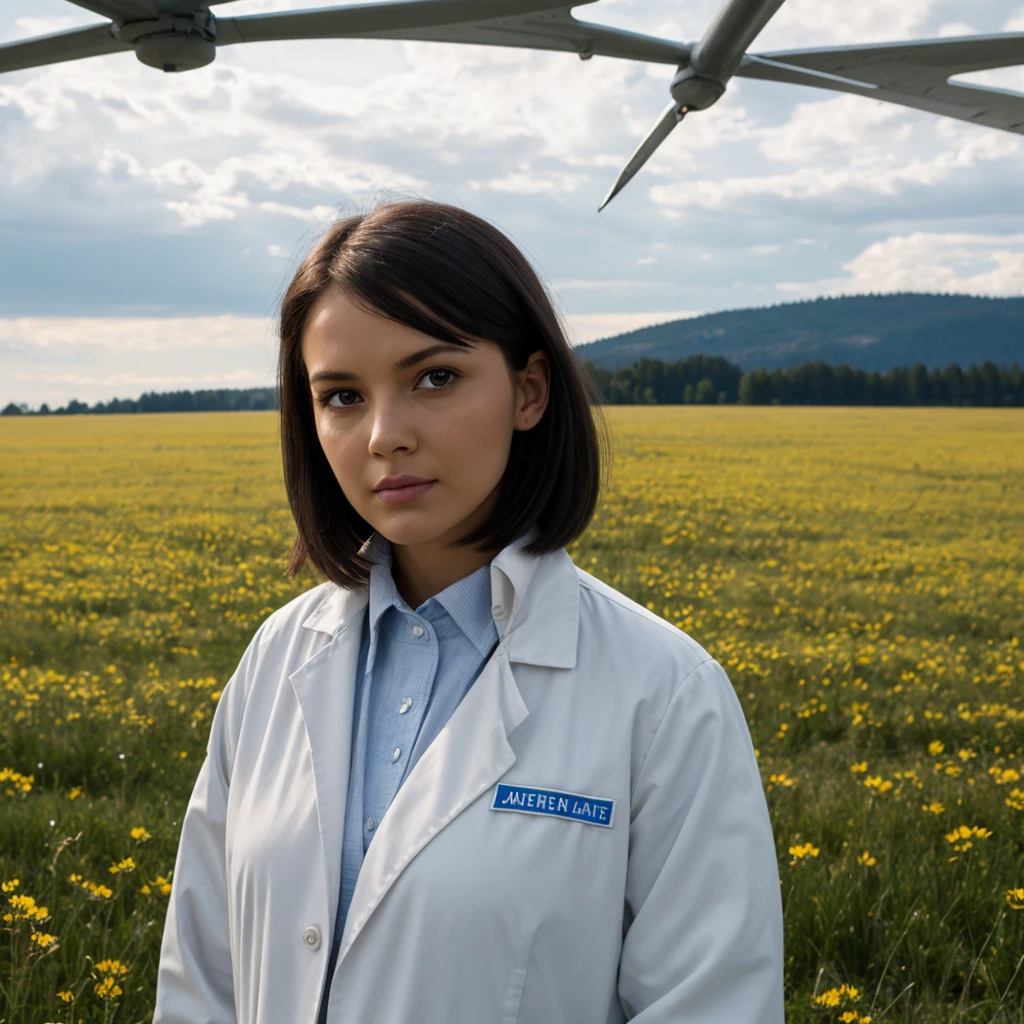 Science fiction,Filmes de Science fiction,artillery,Long-range missiles,Based on the film Foundation ,Woman,grown-up,protagonist,28 years old,hopeful face,eyes browns,Little Short Hairstyle,black hair with white gray,scientist uniform,white research coat,open meadow,rebellious,Chaotic,future world,world of socialism,neve,haos