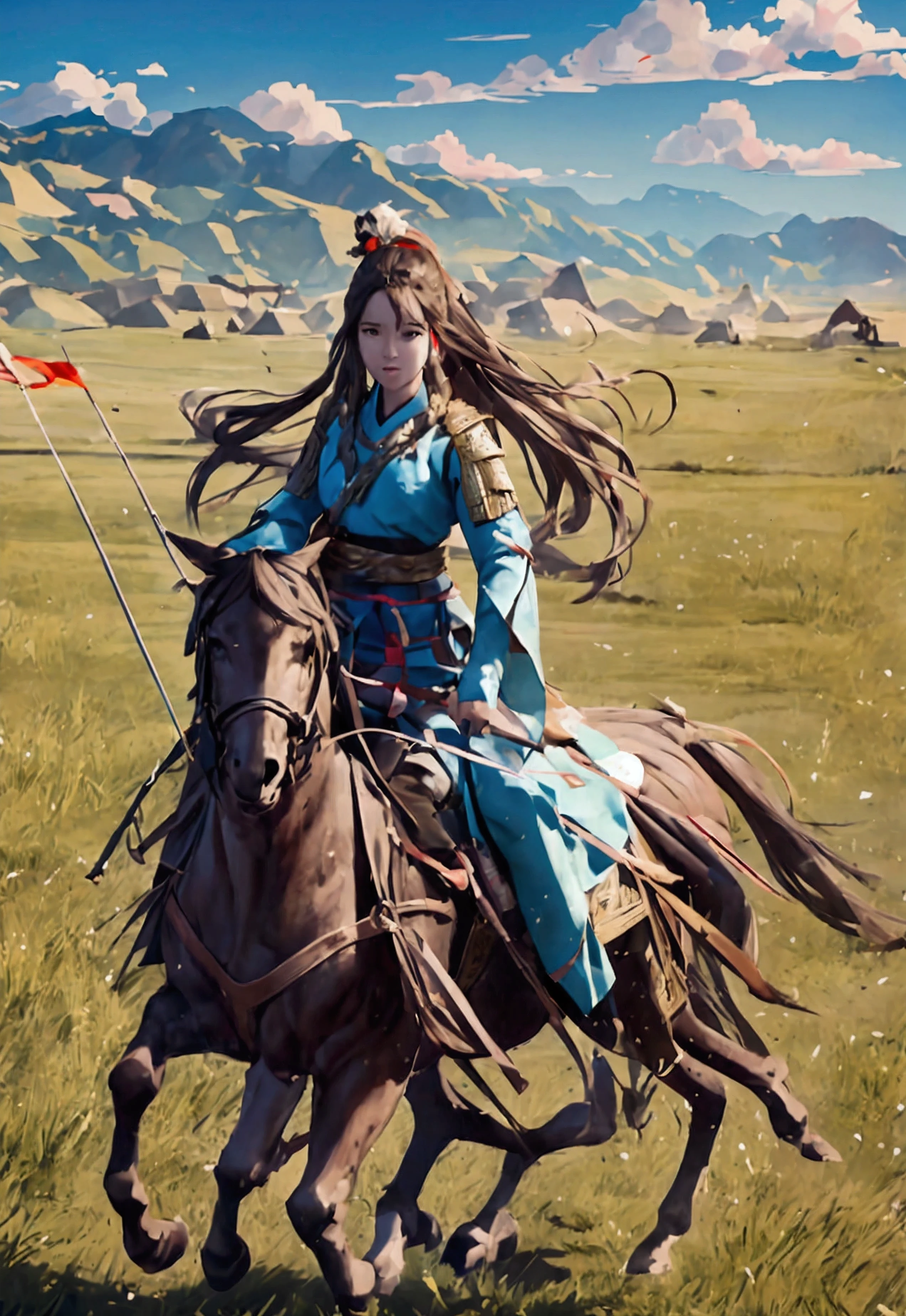 Make a girl on a horse while shooting arrow in grasslands with hair fluttering