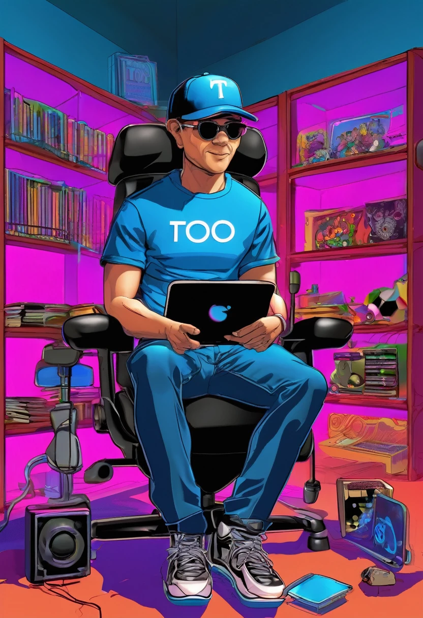 3D cartoon of a man wearing a blue t-shirt that says "ToTo", 40 years old, black pants, wearing a black base ball cap with the word "ToTo" sitting on a gaming chair, behind him there is a hologram that says "Moch Aunurrofiq" next to him there's a computer playing a game, faces, half bodies, neon background