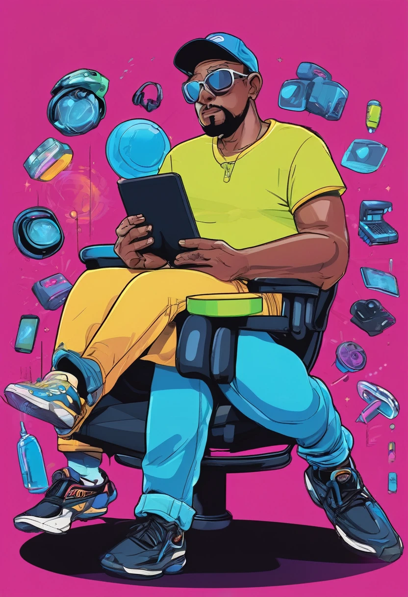 3D cartoon of a man wearing a blue t-shirt that says "ToTo", 40 years old, black pants, wearing a black base ball cap with the word "ToTo" sitting on a gaming chair, behind him there is a hologram that says "Moch Aunurrofiq" next to him there's a computer playing a game, faces, half bodies, neon background