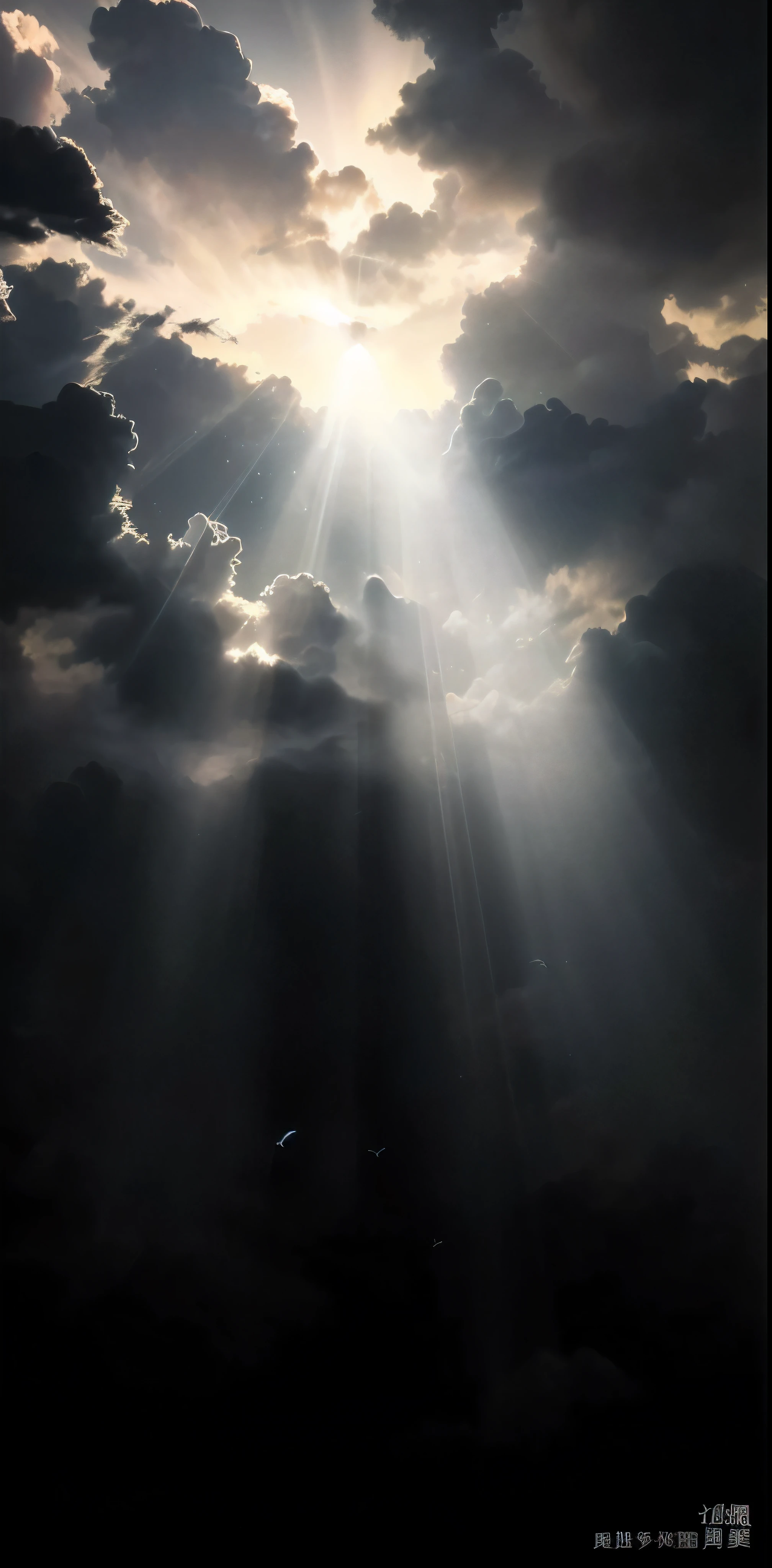 A beam of sunlight in the sky with birds flying in the background, Light from above, Heavenly dramatic lighting, Light of God falls from the sky, Divine light shining through the clouds, Light Column, Beams of light in the sky, Light of God, Theatrical lighting with divine brilliance, Divine Light, Light Arrow