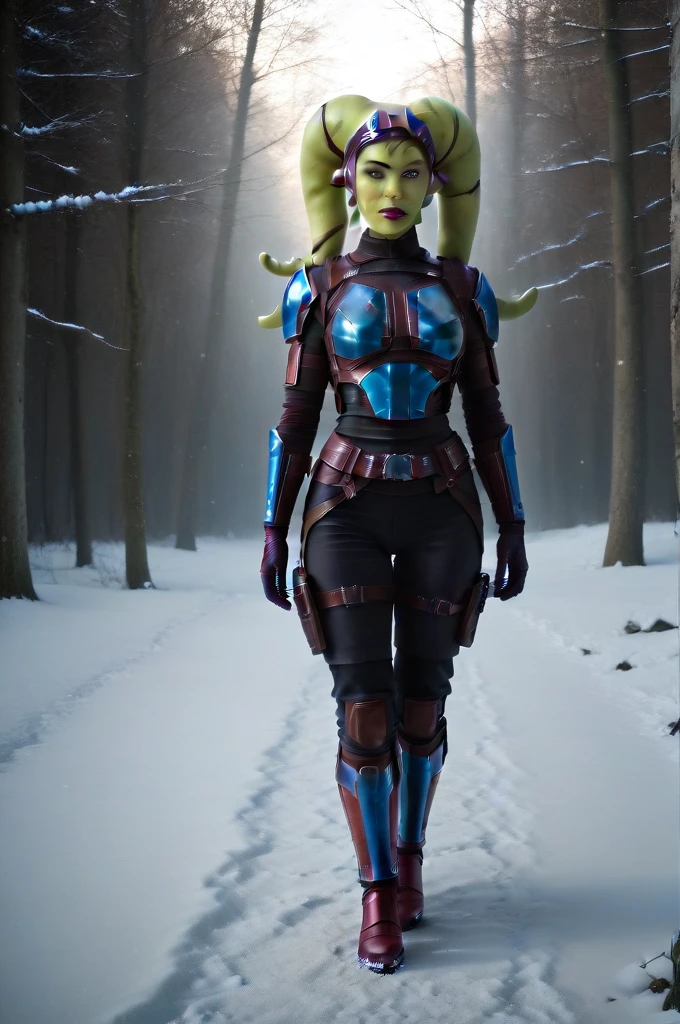 a ((fall body)) (((hera syndulla))) ((green skin )) ((female twi'lek ))mandalorian,walking on snow, ((green fire eyes )) , beautiful detailed eyes, beautiful detailed lips, extremely detailed face, long eyelashes, mandalorian armor, sci-fi, cinematic lighting, dramatic, epic, intricate details, hyper-realistic, 8k, high-quality, photorealistic
