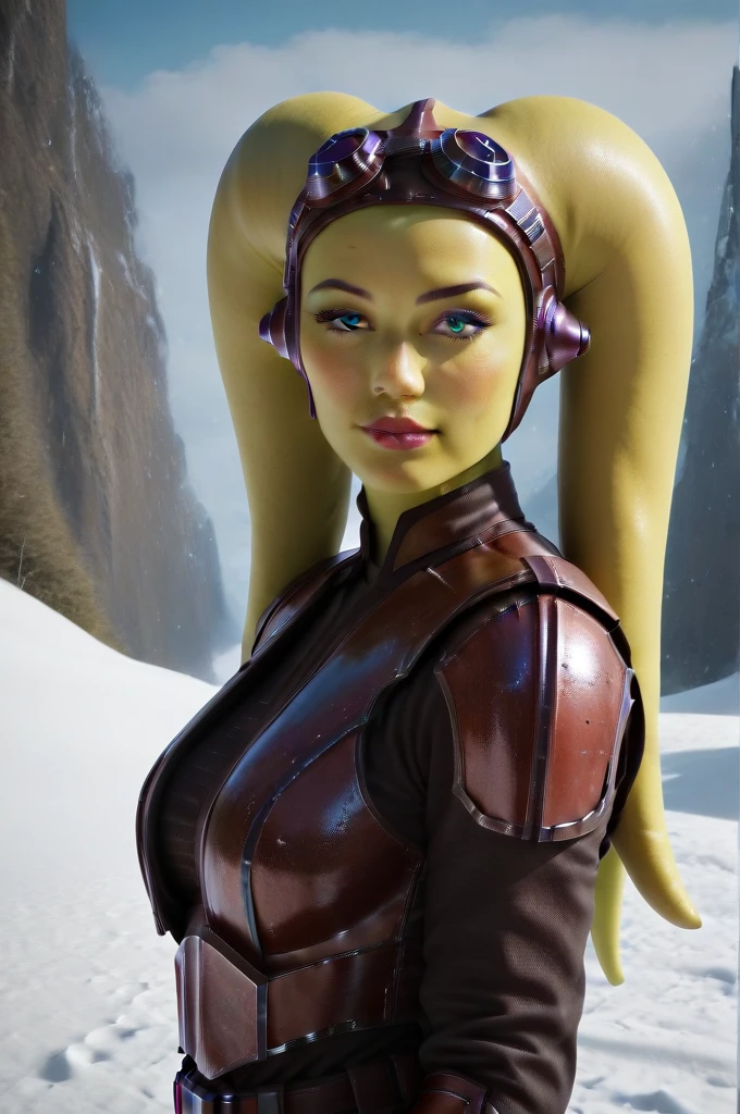 a ((fall body)) (((hera syndulla))) ((green skin )) ((female twi'lek ))mandalorian,walking on snow, ((green fire eyes )) , beautiful detailed eyes, beautiful detailed lips, extremely detailed face, long eyelashes, mandalorian armor, sci-fi, cinematic lighting, dramatic, epic, intricate details, hyper-realistic, 8k, high-quality, photorealistic
