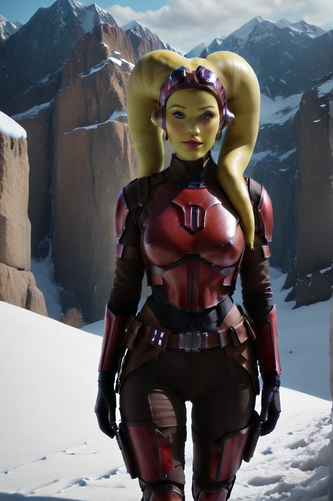 a ((fall body)) (((hera syndulla))) ((green skin )) ((female twi'lek ))mandalorian,walking on snow, ((green fire eyes )) , beautiful detailed eyes, beautiful detailed lips, extremely detailed face, long eyelashes, mandalorian armor, sci-fi, cinematic lighting, dramatic, epic, intricate details, hyper-realistic, 8k, high-quality, photorealistic