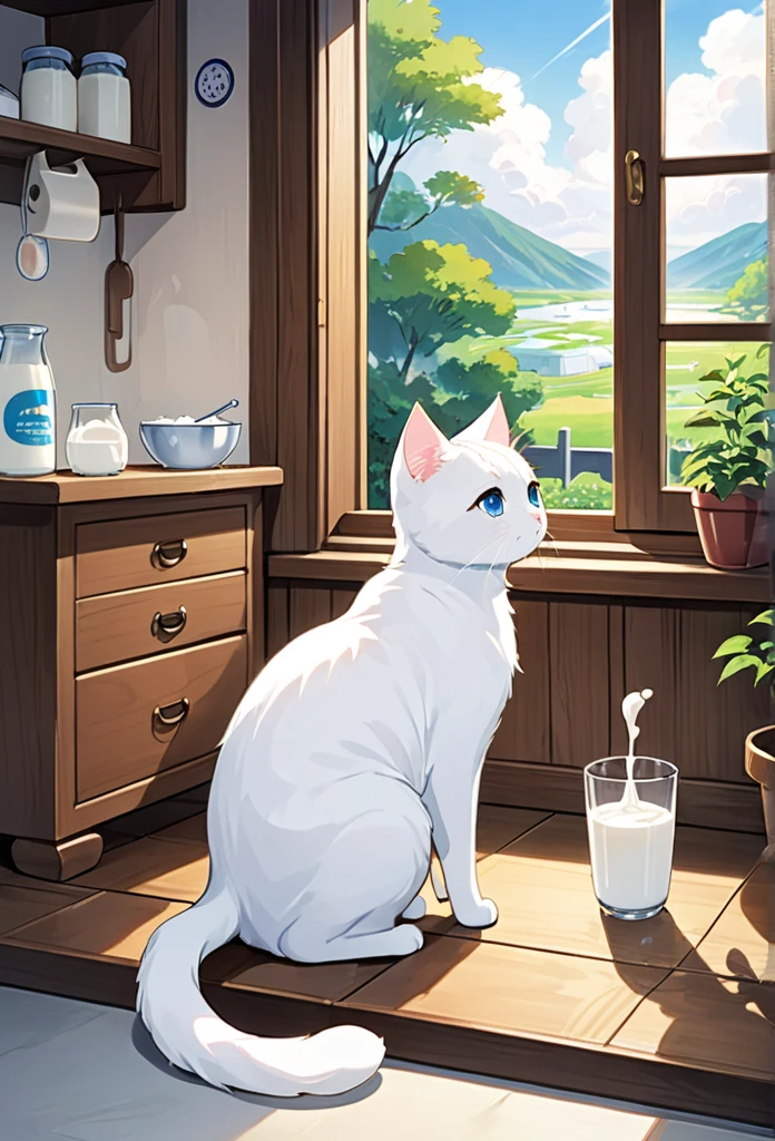 White cat Milk、A scene of someone who is weak due to illness。Visit a veterinarian、Milk is surrounded by a worried family.、He has a depressed look。In the room、Please draw Milk gazing blankly at the scenery outside the window.。