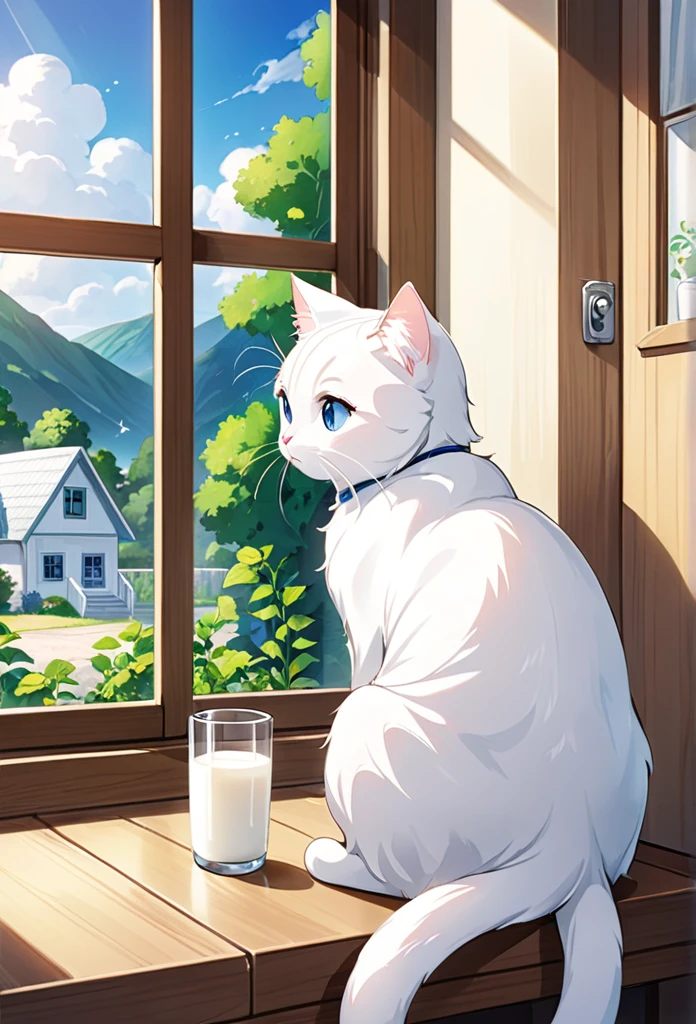 White cat Milk、A scene of someone who is weak due to illness。Visit a veterinarian、Milk is surrounded by a worried family.、He has a depressed look。In the room、Please draw Milk gazing blankly at the scenery outside the window.。