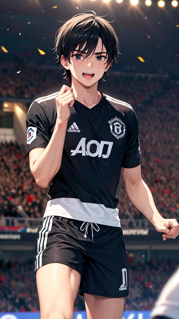 Young male football player with black hair, black eyes, he is celebrating, he is a football player for Manchester United.