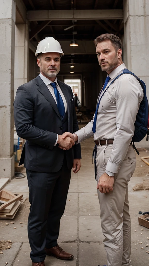 2 white men. age around 45-50 years. one with little beard other without beard. In suits with ties. looking directly at camera. shaking hands. not standing too close to each other. photo only till belt. with construction helmet. at construction site. with big pipes at background.