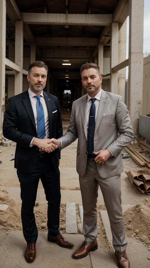 2 white men. age around 45-50 years. one with little beard other without beard. In suits with ties. looking directly at camera. shaking hands. not standing too close to each other. photo only till belt. with construction helmet. at construction site. with big pipes at background.