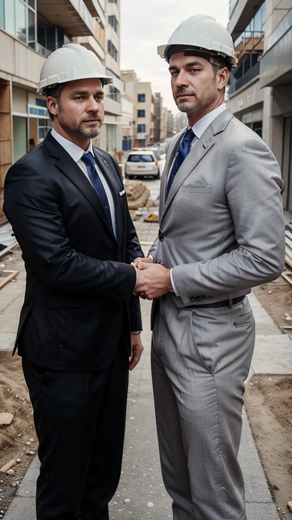 2 white men. age around 45-50 years. one with little beard other without beard. In suits with ties. looking directly at camera. shaking hands. not standing too close to each other. photo only till belt. with construction helmet. at construction site. with big pipes at background.