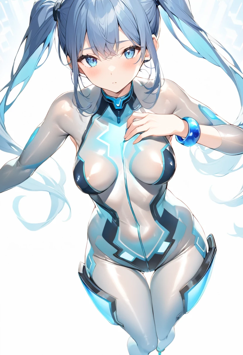 Blue Star,Twin tails,Top view,Standing on a white floor,Blue light pattern,See-through bodysuit,A bodysuit with an open chest and exposed skin,Shiny bodysuit,sexy,Big blue light bracelet,Big blue light anklet,Blue light accessories that dig into your thighs,Accentuated chest
