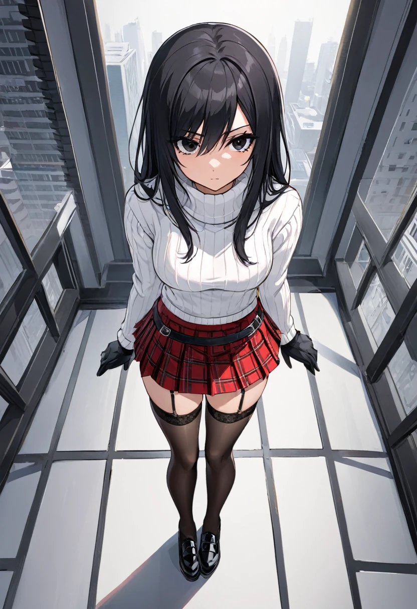 red checkered miniskirt , Black Shoes , pleated skirt , assassin , whole body , White sweater , Black gloves , stockings , garter belt , black hair , black eyes , straight hair , thighs , whole body , standing posture , View from above