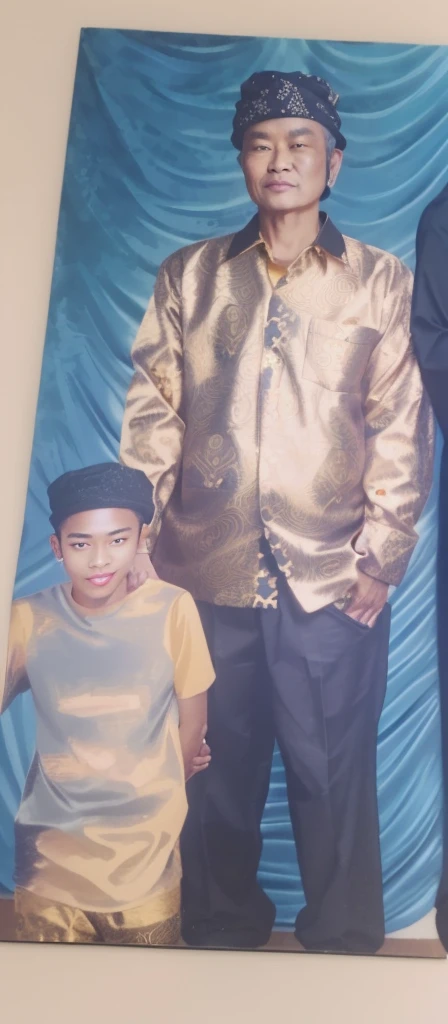 portrait of a man wearing a golden batik shirt, black trousers and a black skullcap with a small