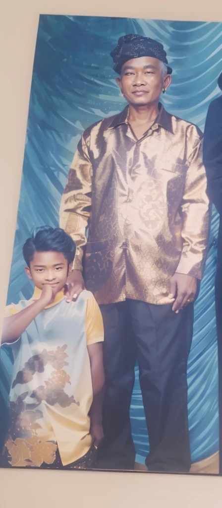 portrait of a man wearing a golden batik shirt, black trousers and a black skullcap with a small