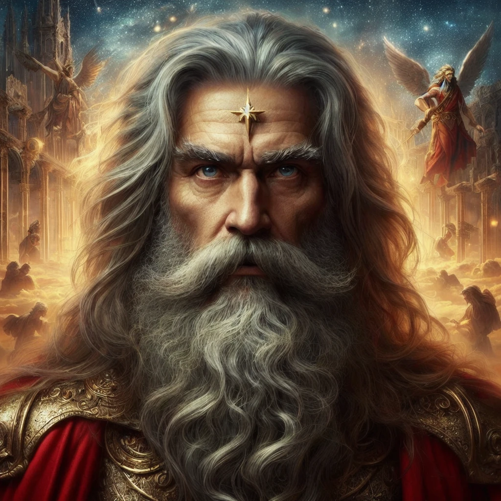 A painting of a man with a long beard and a gold crown, The enraged god Zeus, Father's Time, God of Winter, Portrait of the male god Svarog, the god zeus, Fantasy Proto-Slavic Mythology, Nordic God, Michael Horse (Unreal Engine, Old God, Olympian God, By Alexander Gierimski, By Nikola Avramov,Has a long flowing gray beard and hair、Create surreal portraits of old people。he、With bushy eyebrows and intense eyes、He has a stern yet wise expression.。He has a gold flat five-pointed star on his forehead。He is dressed in ancient Greek armor.、Wearing a red cape and a yellow sash。In his right hand he holds a sturdy, godlike wooden staff with a rough tip.。He has an angel-like halo floating above his head.、Shining with golden light。In the background、It depicts a fantastical and mysterious Greek mythological temple and blue sky.。