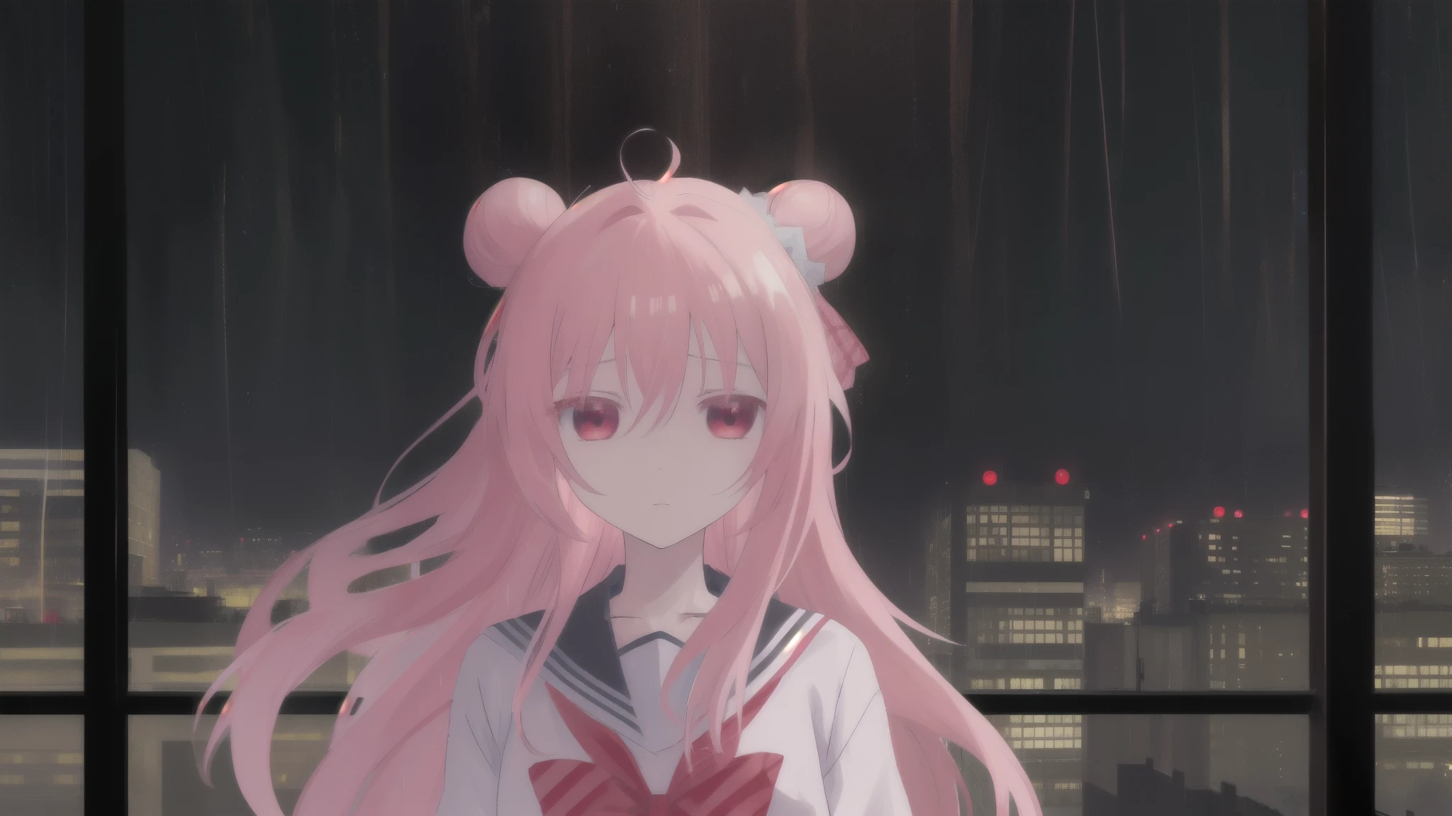 masterpiece, best quality, city background, rainy, 1girl, solo, upper body, bow, serafuku, satou, emotionless, expressionless, anime wallpaper 4k, detailed background, detailed hair