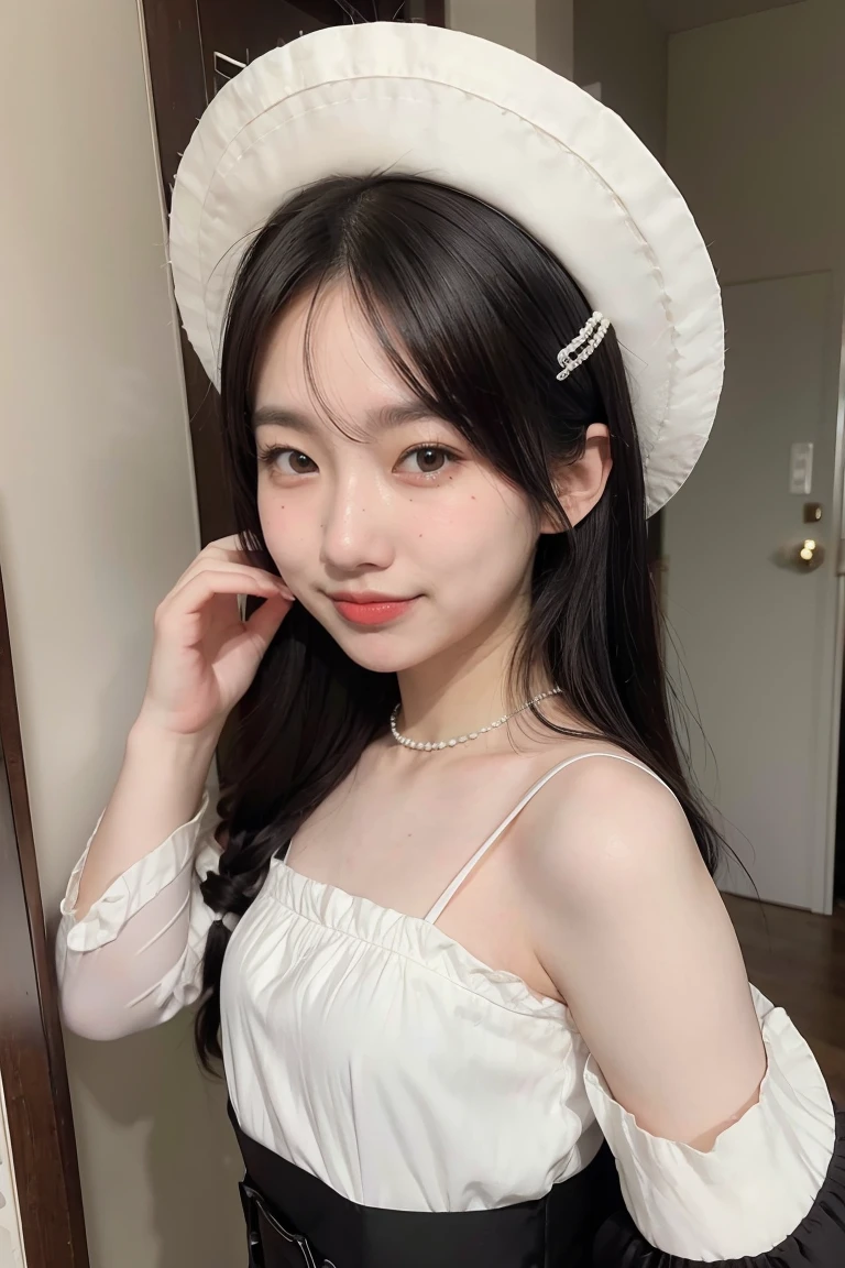 komori,idolcloth,masterpiece,best quality,white hair, red eyes,white shirt,(black formal hat),(hairclip:1.3),(small mouth mole:1.3),smile,highres,4k,black detached sleeves, upper body,