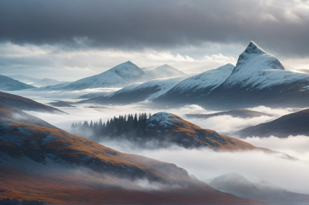 Scottish highlands, foggy day.